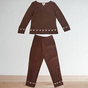 Vintage Russell Kemp Bohemian Outfit Medium Beaded Trim Silk Sweater Linen Pants
